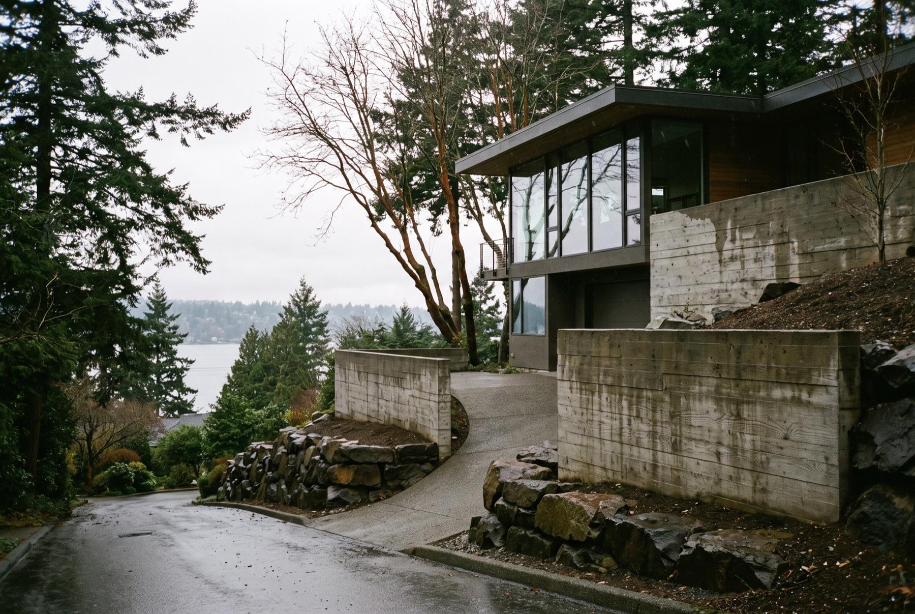 A modern house set into a steep wooded hillside above a lake, held by tall board-formed concrete retaining walls and a stacked stone rockery